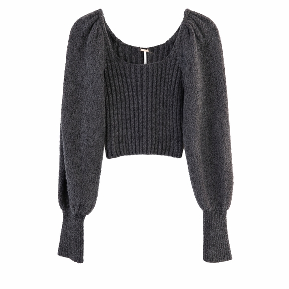 Free People Katie Ribbed Cropped Sweater Black Combo XS Puff Sleeve - Picture 4 of 8